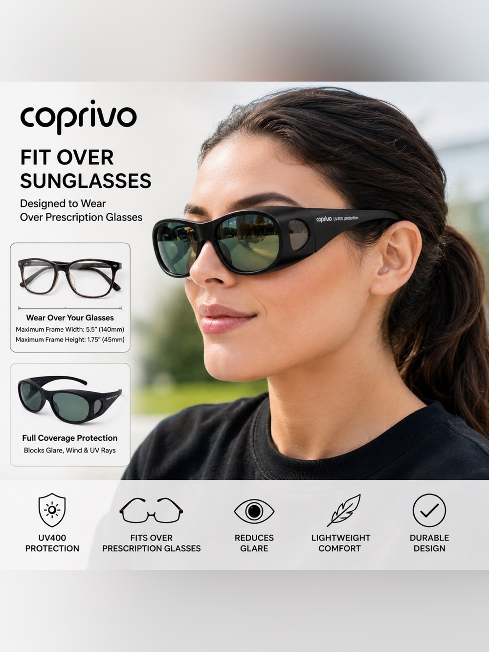 Coprivo Fit Over Wrap Sunglasses UV400 Lightweight Black Frame Green Lens unisex